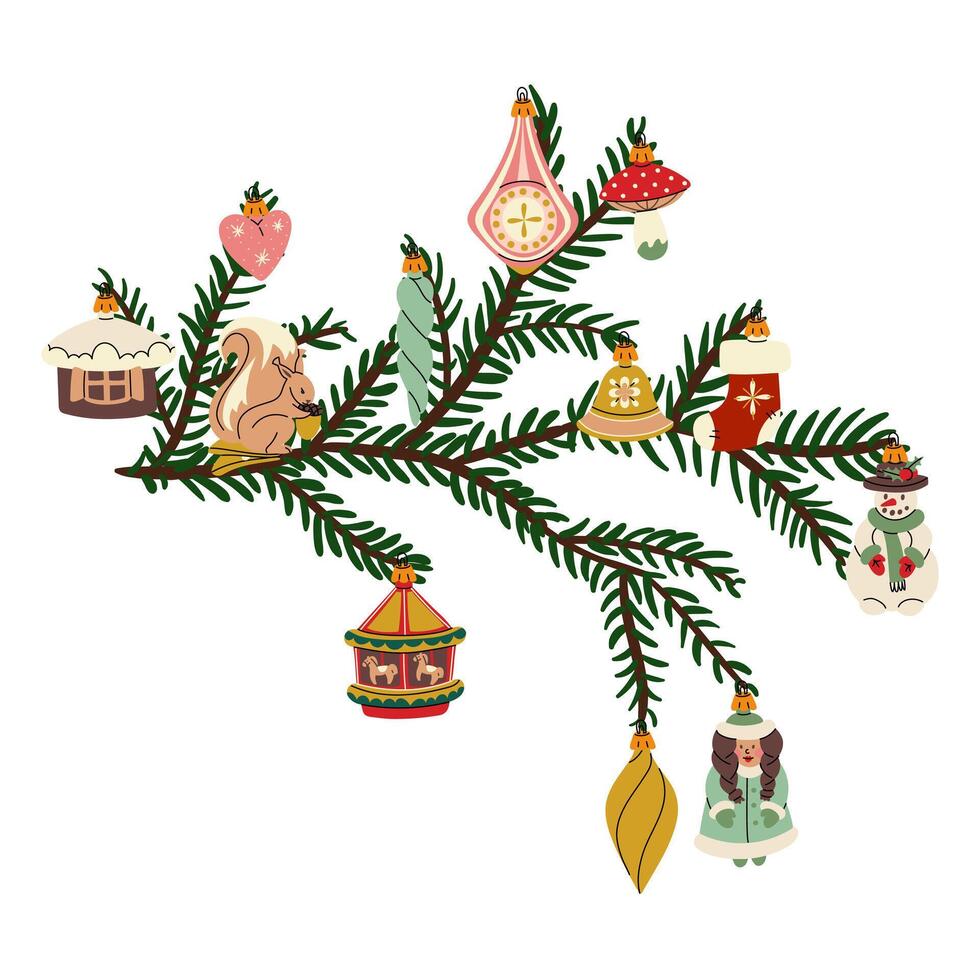 branch of a Christmas tree with retro-style Christmas balls. Soviet glass toys in a flat style. snowman, clock. Decor for Christmas, New Year and holidays. Hand-drawn isolated illustration on a white vector