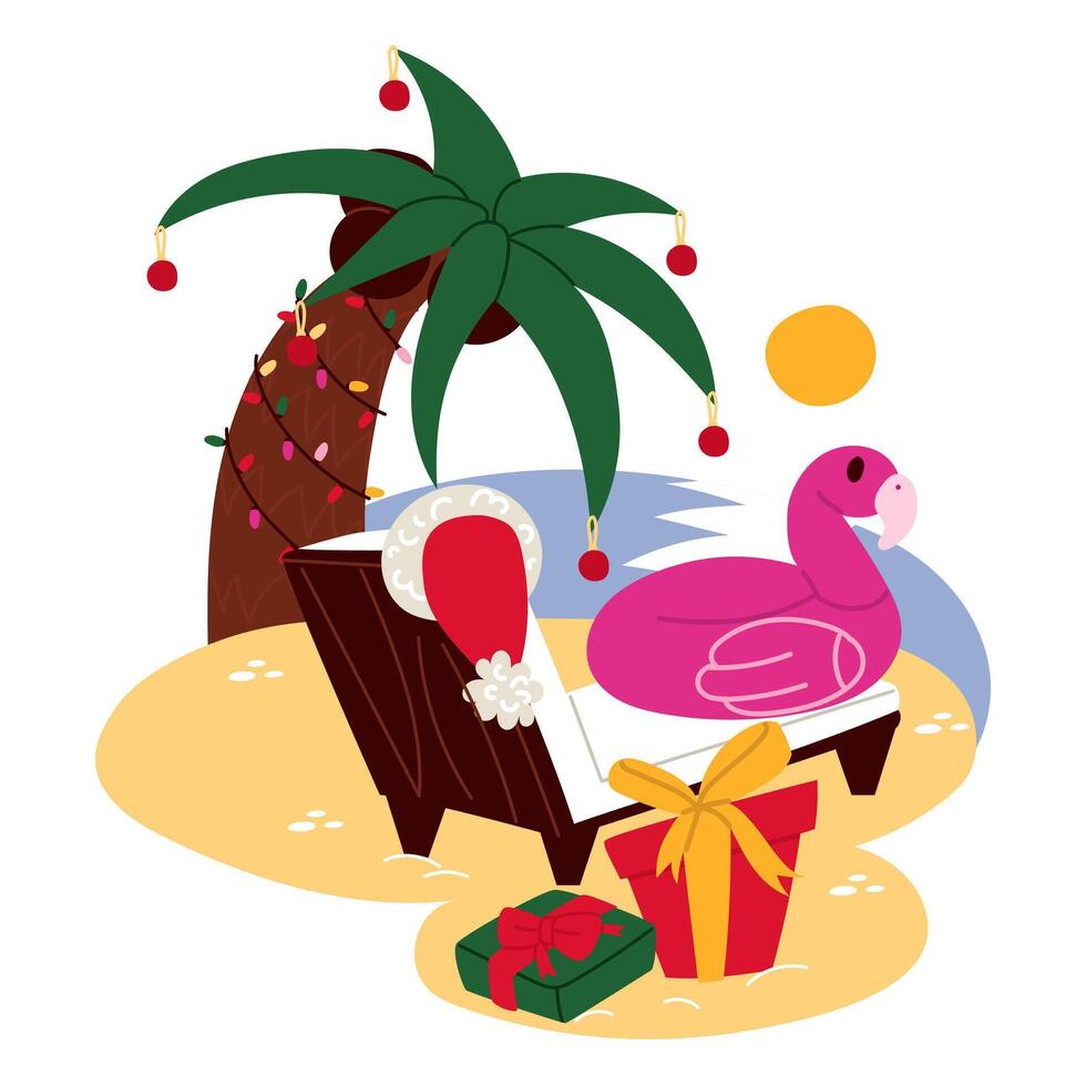 tropical Christmas. Christmas palm tree chaise longue, garland. Inflatable flamingo on a chaise longue. Santa's gifts under the palm tree. Festive garland on a palm tree. illustration in flat style. vector