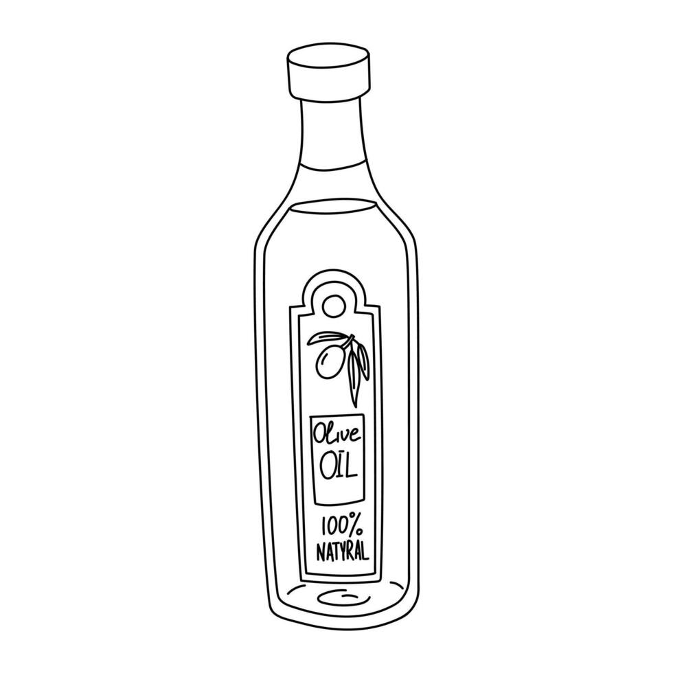 A glass bottle of olive oil is closed for the store. Outline illustration in sketch style, coloring book. Durable dark glass for sale with a label in full design. Isolated on white vector