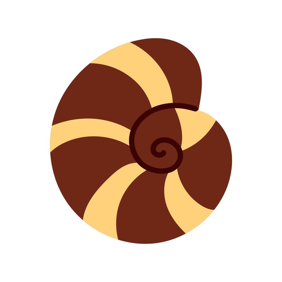 A seashell. Oceanic exotic underwater shells, spiral snails. A tropical striped beach shell in a spiral of brown and yellow. Modern flat style, isolated on a white background. Illustration vector