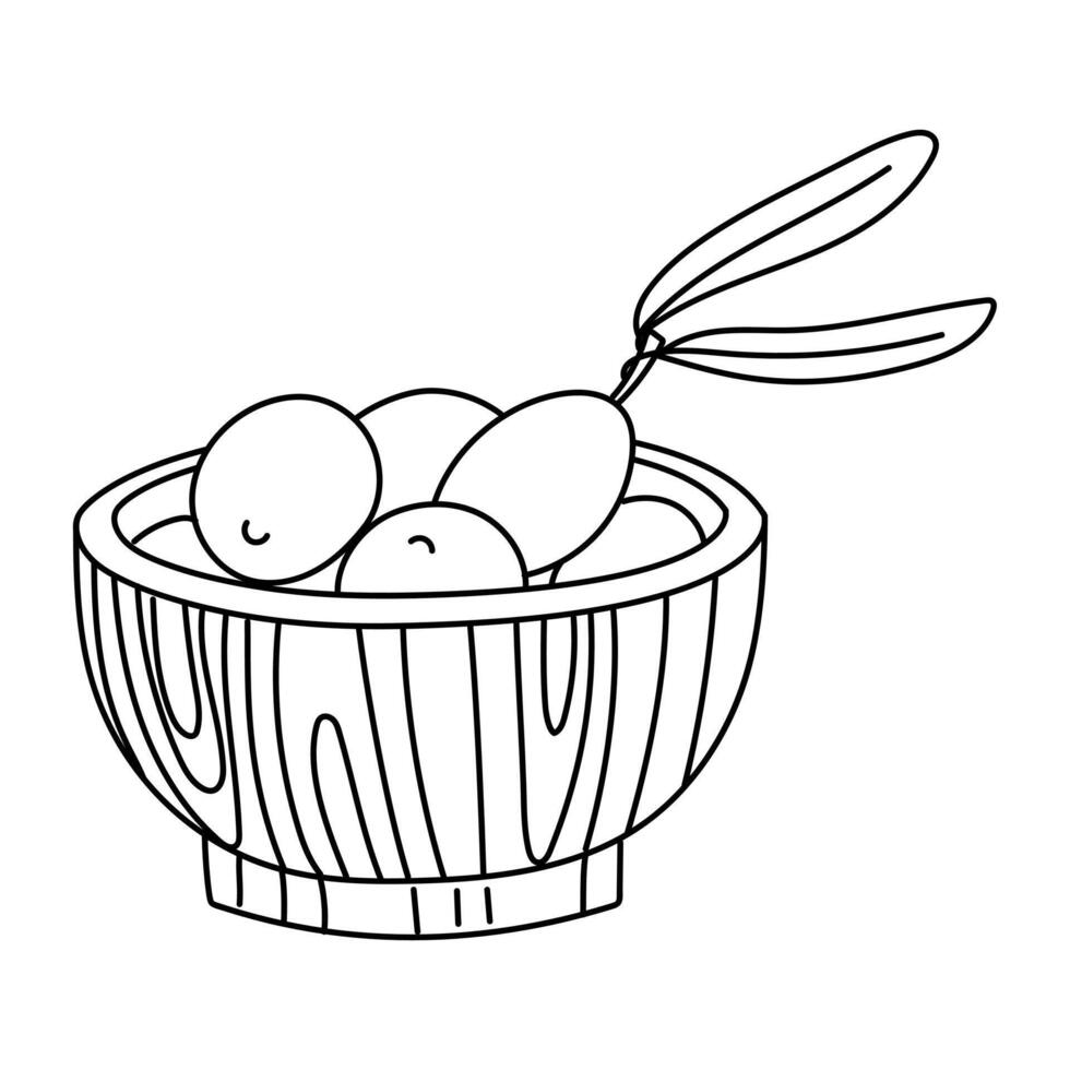 Olives in a wooden bowl. Contour illustration of large olives with leaves lying in a plate. Hand-drawn whole olives. Isolated illustration of food on a white background. Ingredients for taste vector