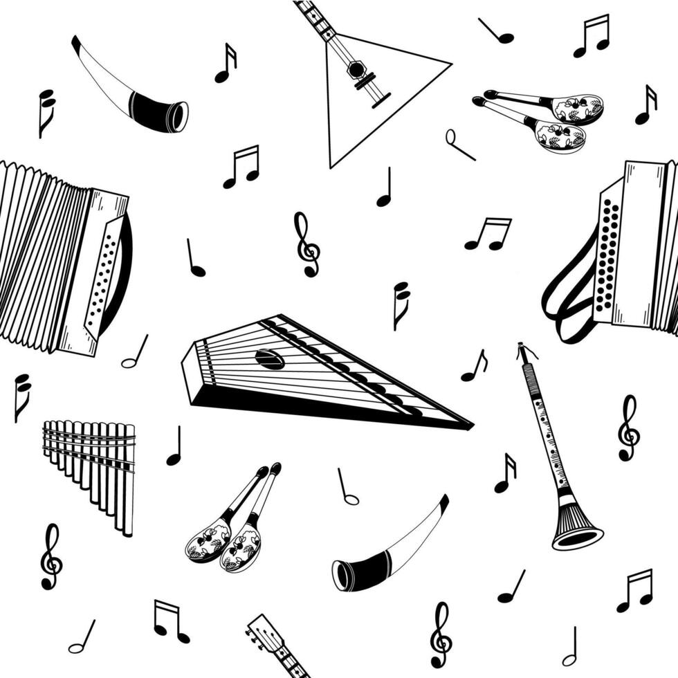 Folk musical instruments, accordion, balalaika, flute, horns and notes. All objects are hand drawn in in black color. illustration. Suitable for posters, invitations vector