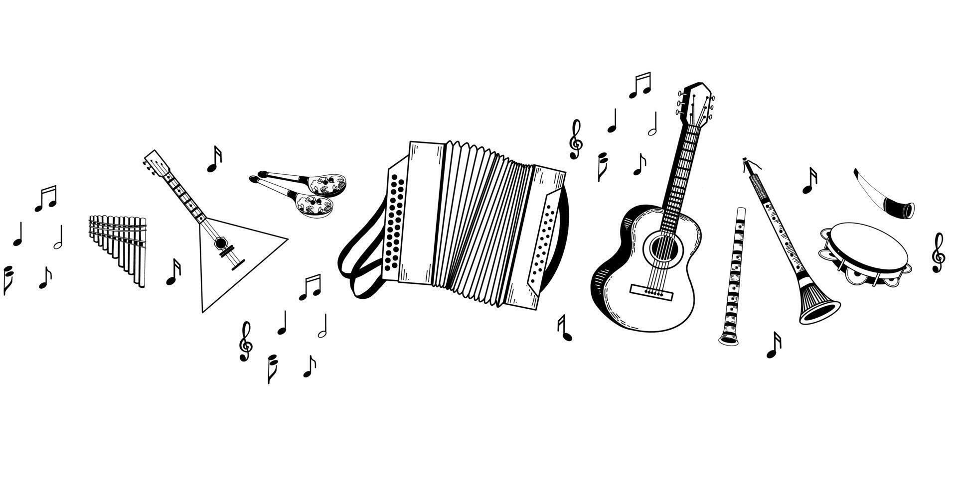 Folk musical instruments, accordion, balalaika, horn, flute, spoons, notes, acoustic guitar. All objects are hand-drawn in , suitable for printing on posters, invitations, postcards vector