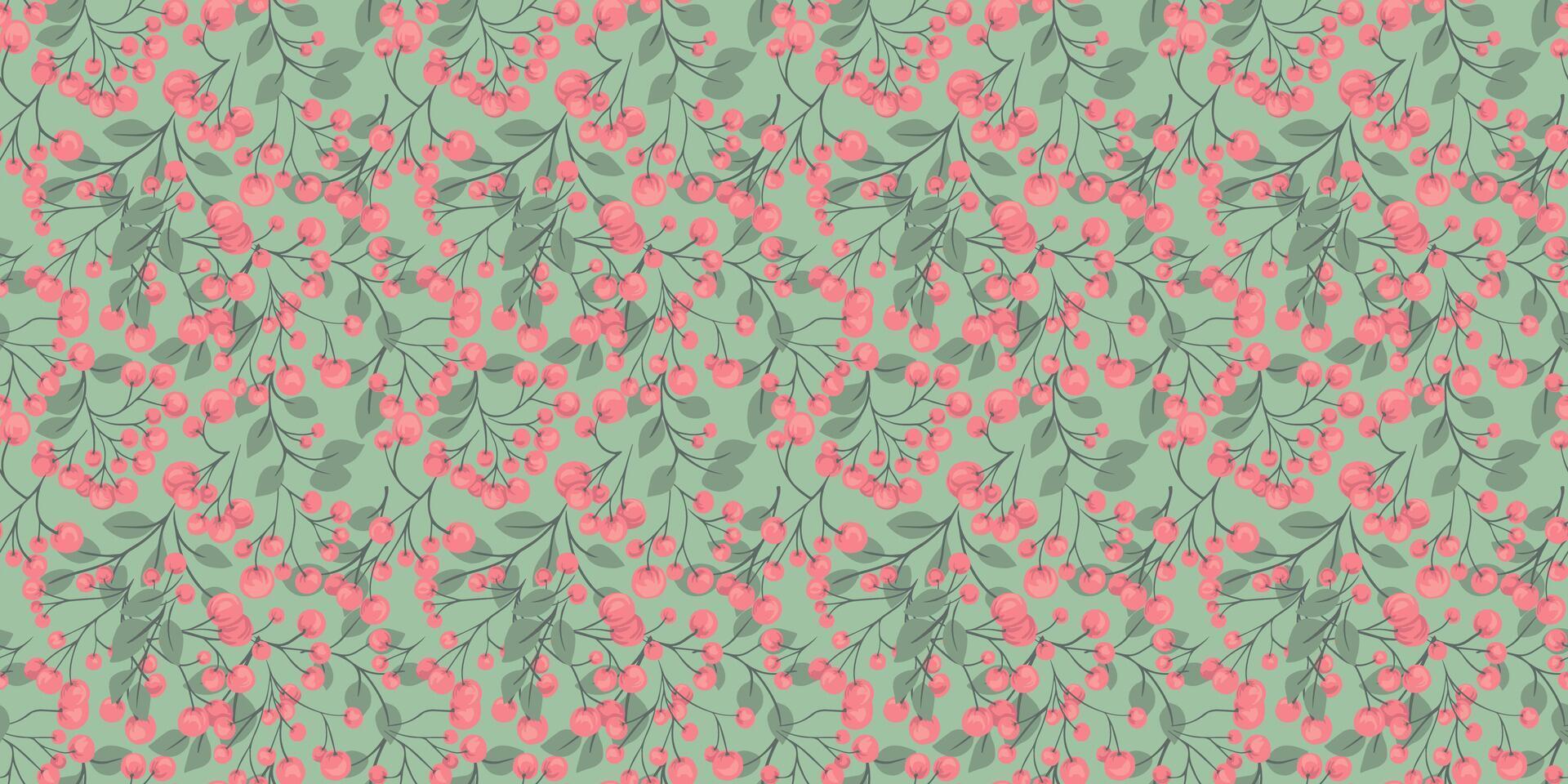 Seamless pattern botanical illustration on a green, mint background. Abstract artistic berries on a branches leaves ornament. Stylized juniper, boxwood, viburnum, dogwood barberry print. vector