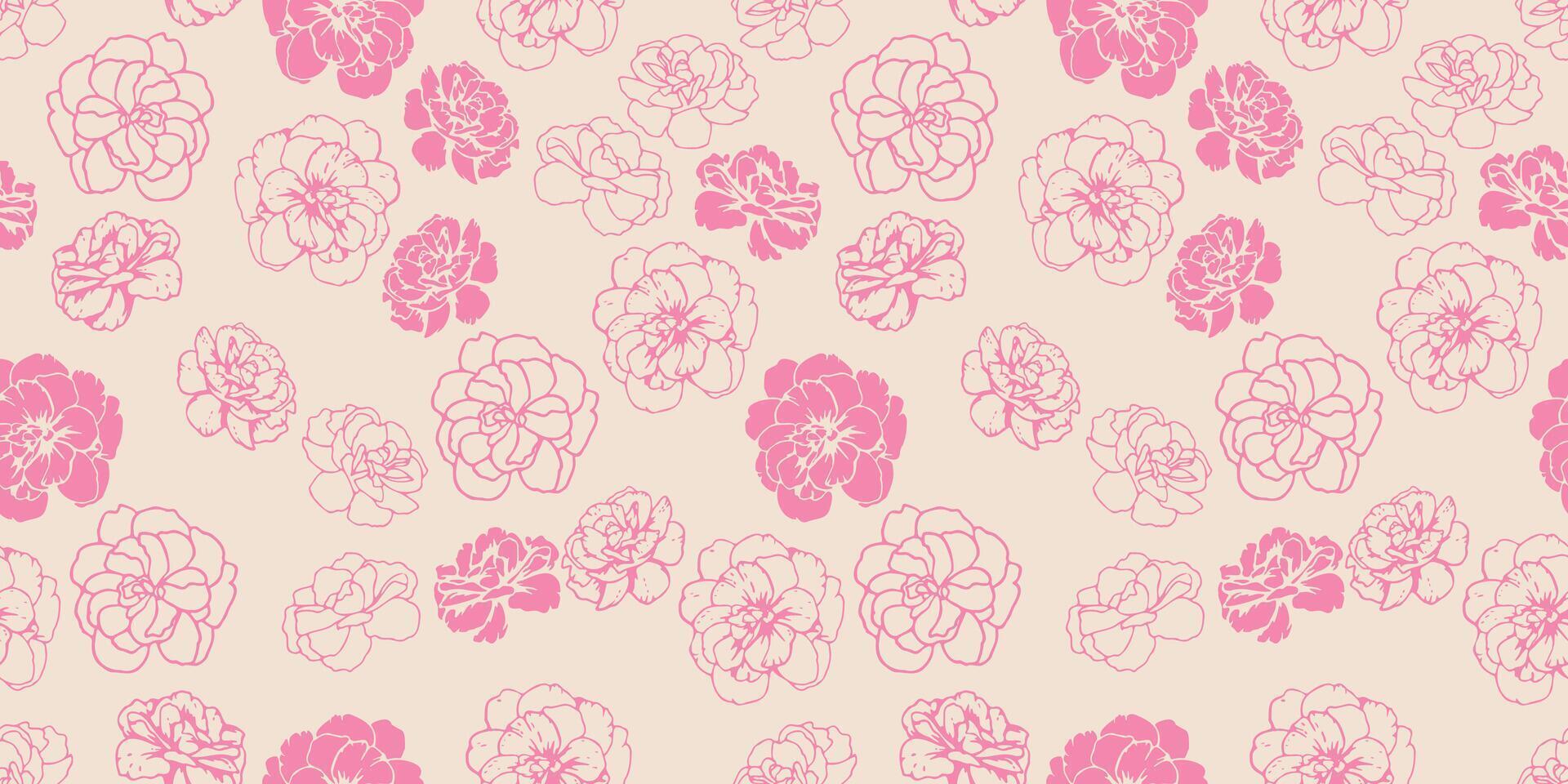 Pink abstract shapes buttercups, pansies flowers seamless pattern on a light background. Contour silhouettes, lines, outlined floral print. hand drawn. Plain nature ornament for designs vector