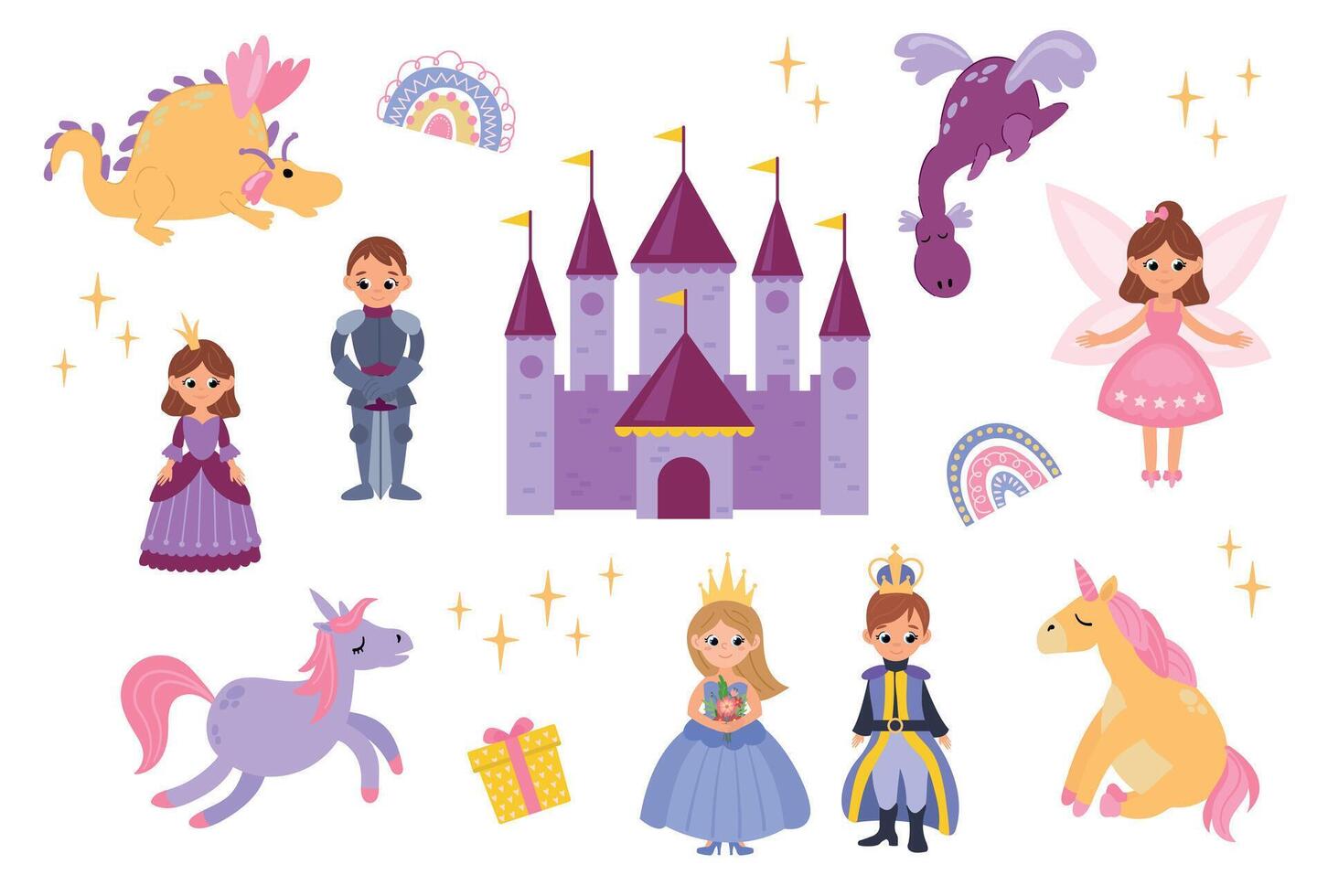 Set of hand drawn princess, prince, castle, dragon, unicorn and other details for children's design vector
