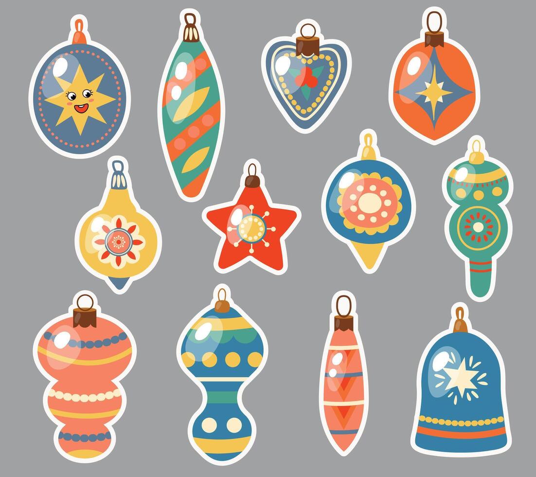 Stickers of Christmas toys for the tree. Hand drawn style vector