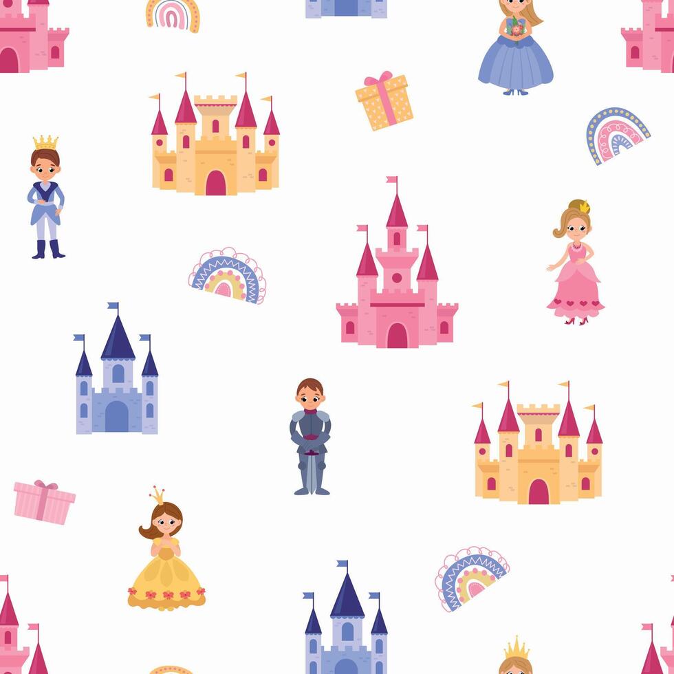 Seamless pattern with princesses, knights and castles. Design for fabric, textile, wallpaper, packaging vector