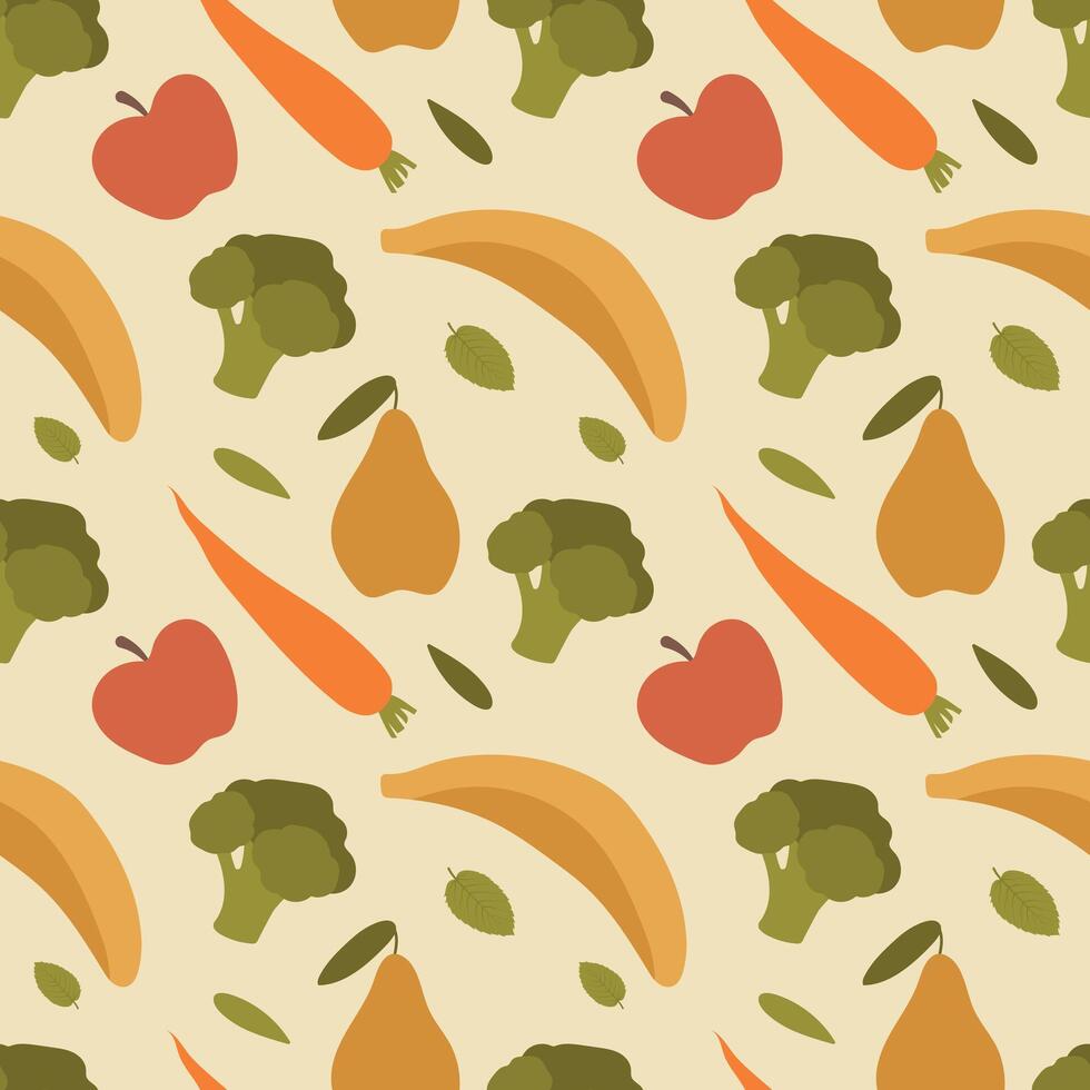 Healthy eating seamless pattern. Banana, broccoli, apple, carrot and pear on a beige background. illustration for background, fabric, cover, paper, packaging vector