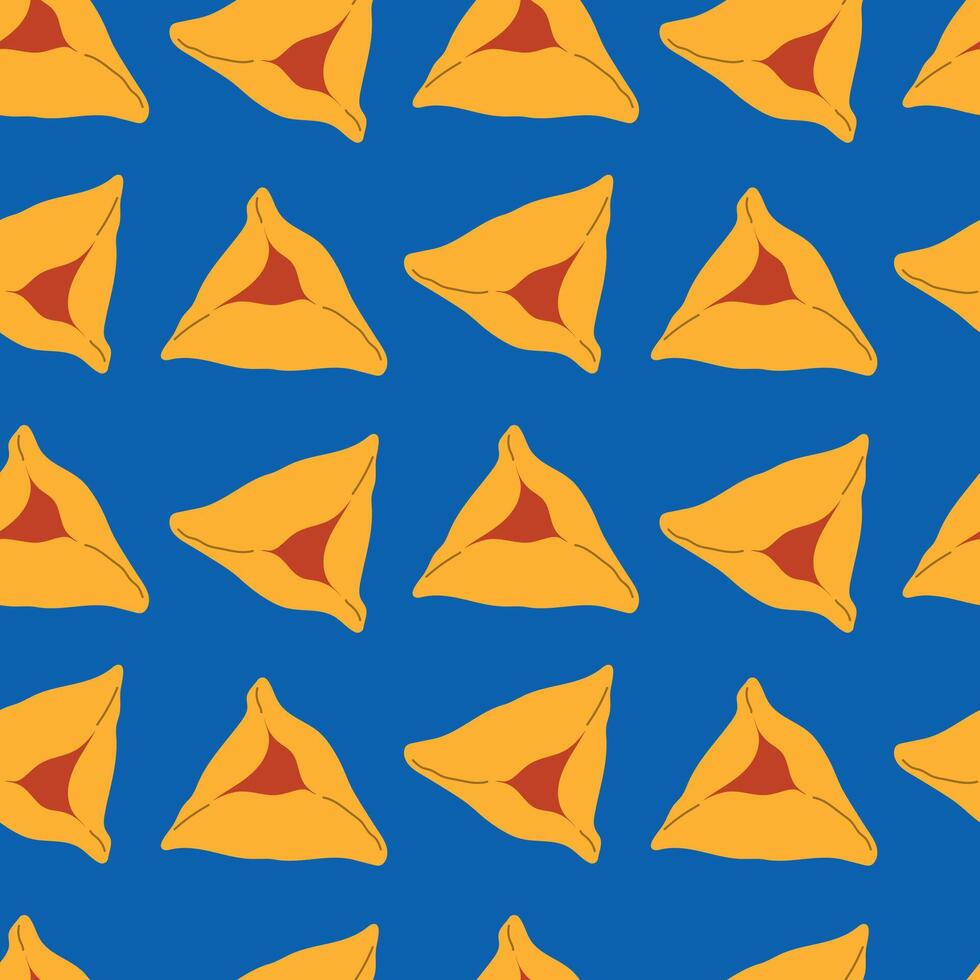 Purim seamless pattern. Yellow gomenash on a bright blue background. Modern illustration for wrapping paper, greeting card, fabric, background vector