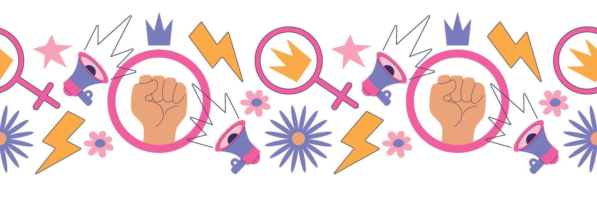 Feminism seamless border. Fist up and other symbols of feminism in clip art style. Modern illustration for international women's day vector