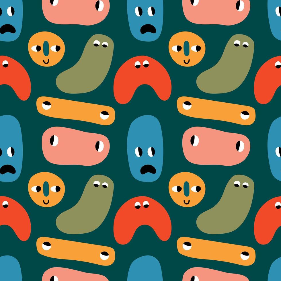 Colorful abstract faces seamless pattern. Funny faces on a dark background. Modern illustration for baby clothes, background, wrapping paper, packaging, cover vector