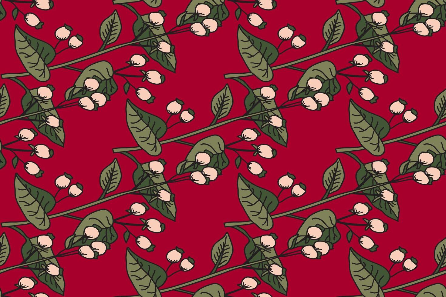 Botanical abstract seamless branches with leaves and berries pattern illustration. Repeating tree plant print in retro pastel red brown colors. Graphic design for Wallpaper Cover Wrapping Print vector