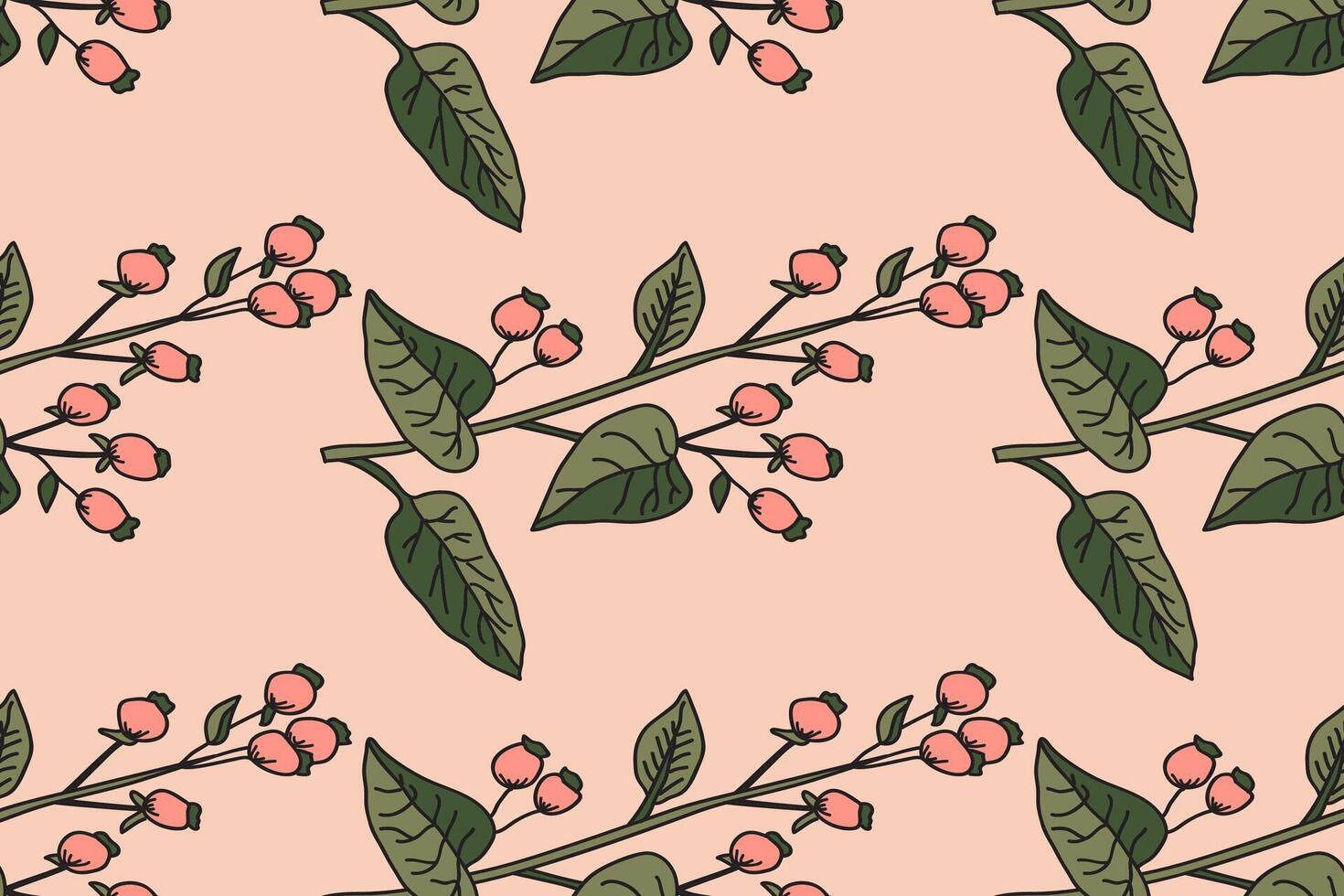 Botanical abstract seamless branch with leaves and berries pattern illustration. Repeating tree plant print in pink pastel colors. Graphic design for Wallpaper Wedding Cover Wrapping Textile vector