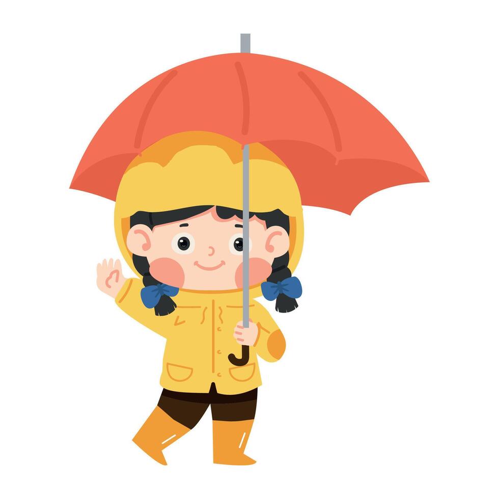 little girl in a yellow raincoat under an umbrella vector