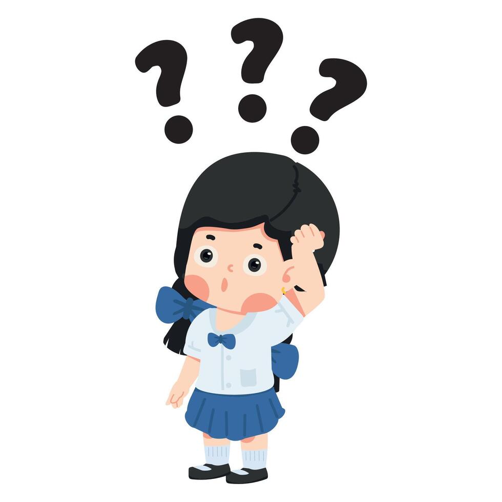 Kid girl student is thinking with question vector