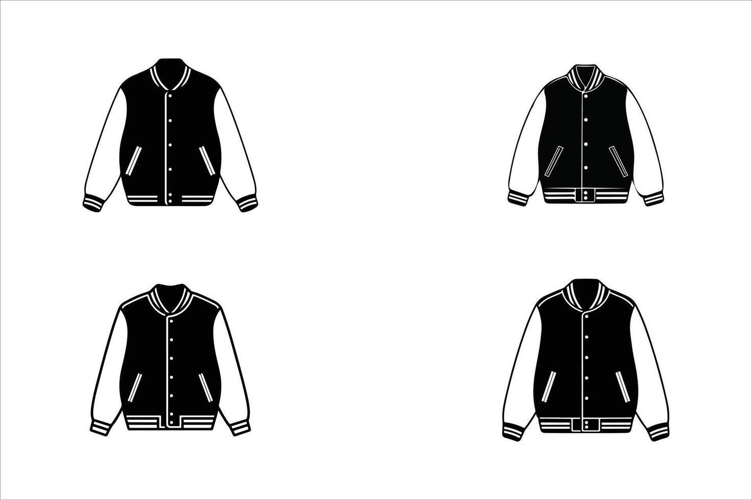 Set of Varsity Jacket - Activewear Jacket Design with Pocket Jackets Fashion Technical Illustration black and white vector