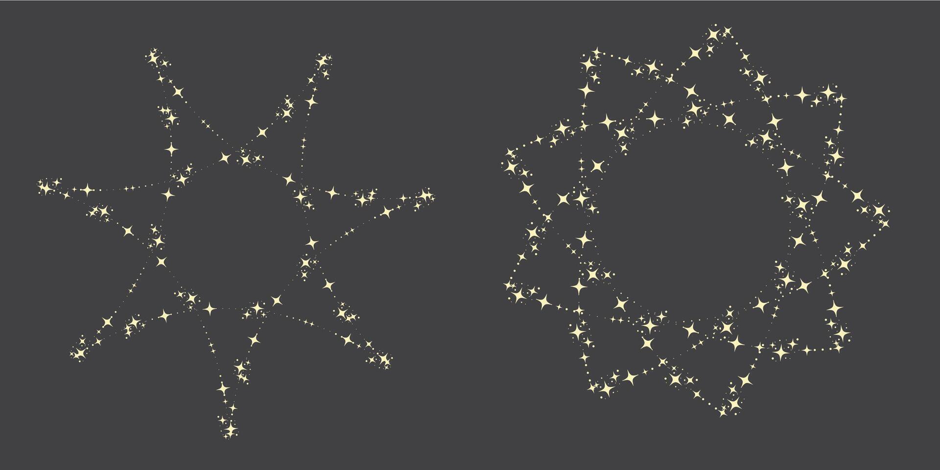 Magic star arch. Stars arch, star compositions graphic art. Shiny elements, starry and dots silhouettes. Comets and abstract constellations, retro celestial set vector