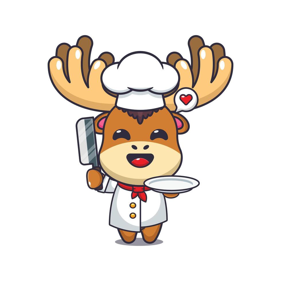 chef moose mascot cartoon character with knife and plate. vector