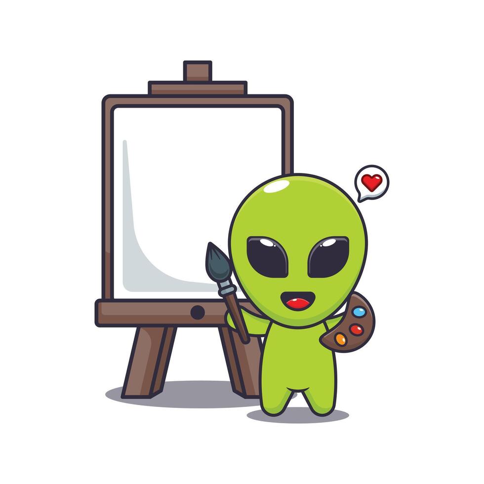 alien wants to paint on canvas. mascot cartoon character illustration. vector