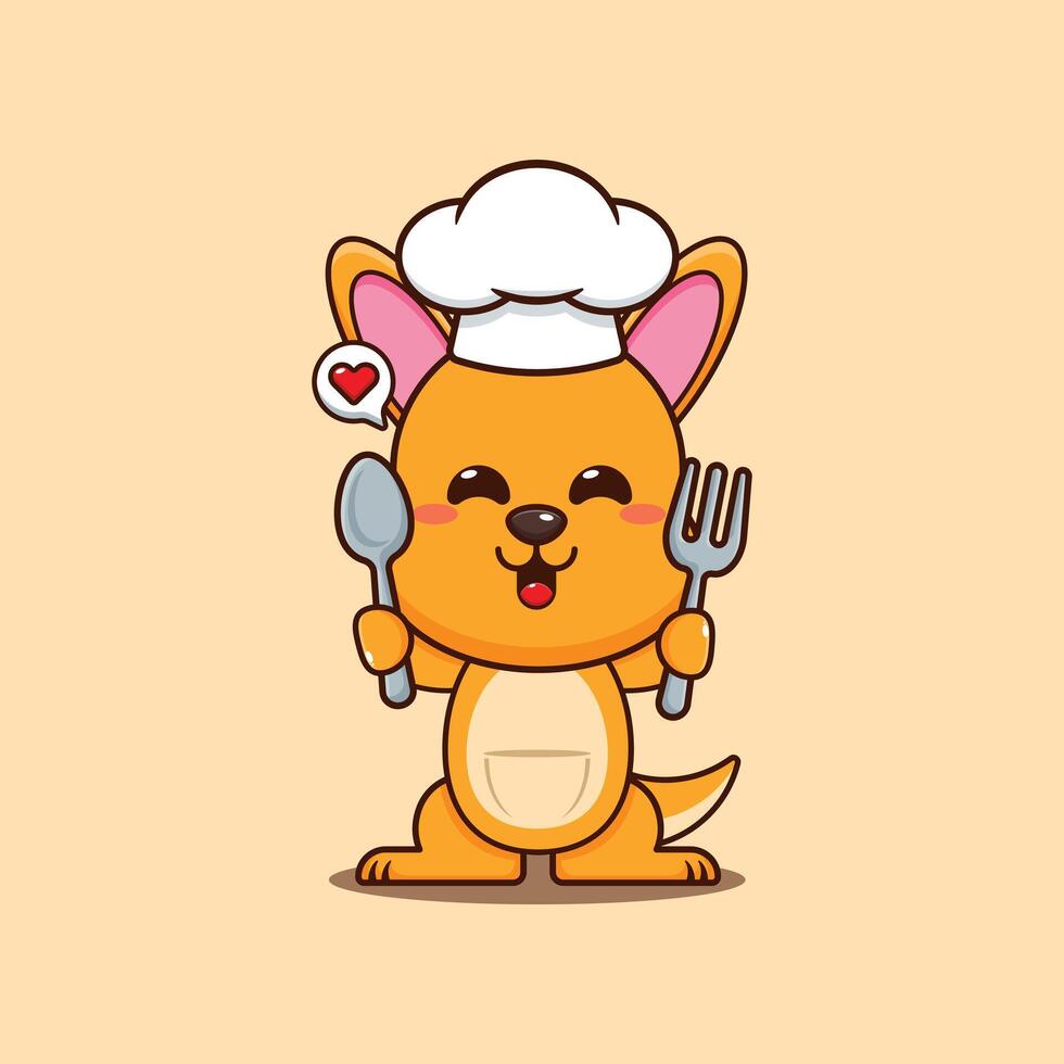 chef kangaroo mascot cartoon character holding spoon and fork. vector