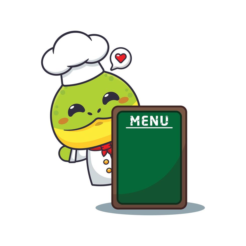 chef chameleon mascot cartoon character with menu board. vector
