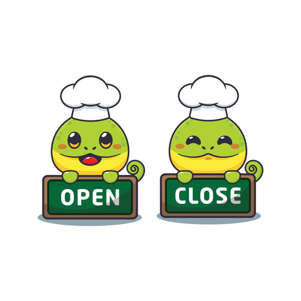 chef chameleon mascot cartoon character with open and close board. vector