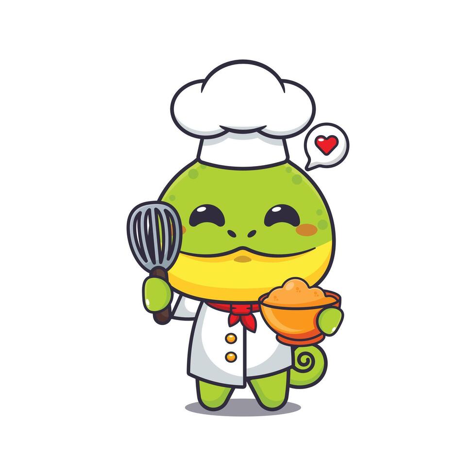 chef chameleon mascot cartoon character with cake dough. vector
