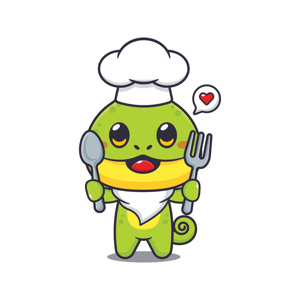 chef chameleon mascot cartoon character holding spoon and fork. vector
