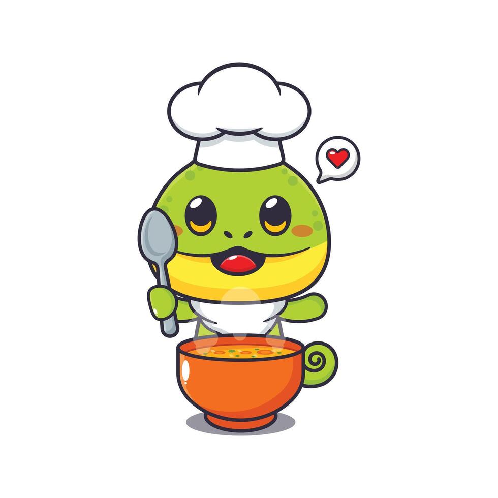 chef chameleon mascot cartoon character with soup. vector