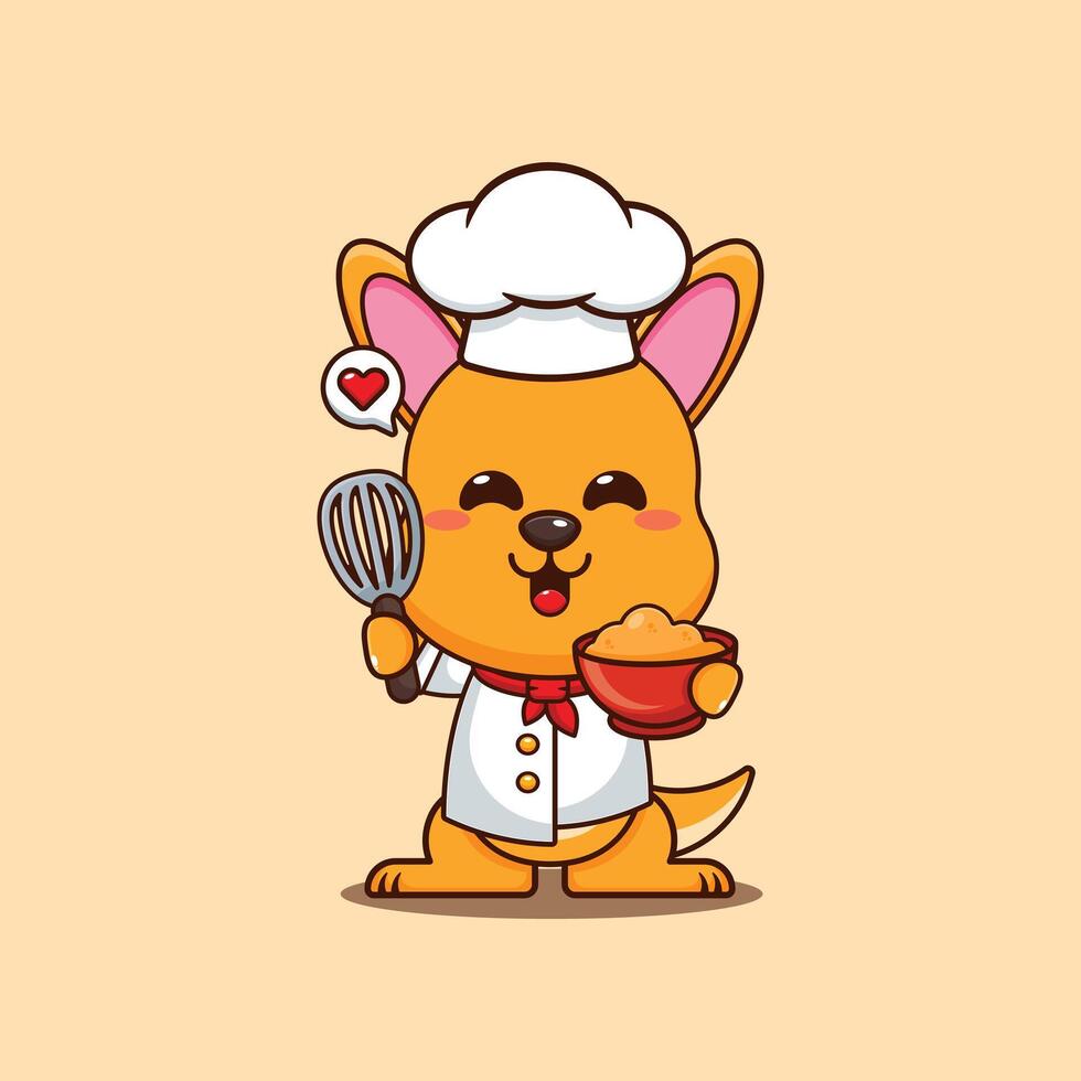 chef kangaroo mascot cartoon character with cake dough. vector