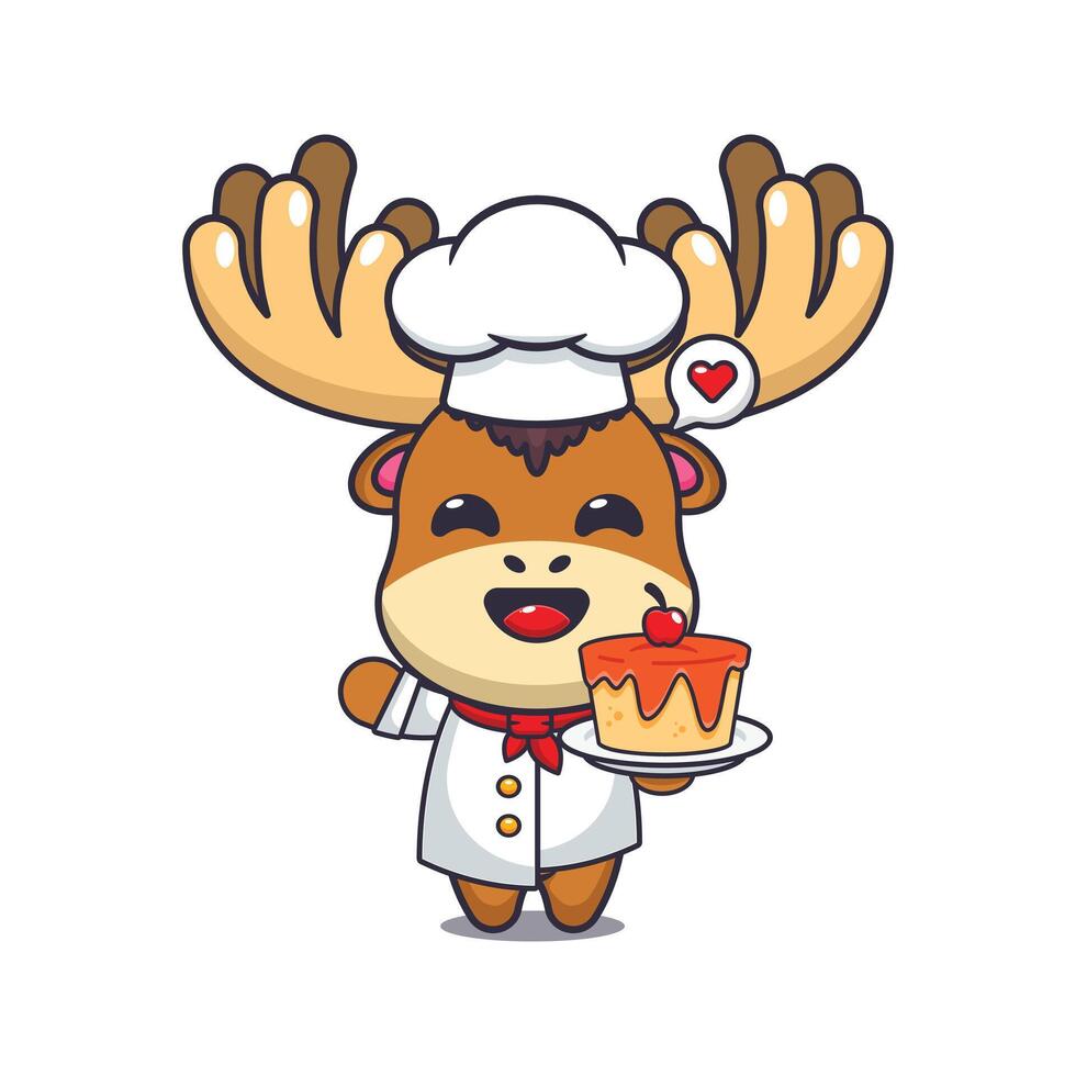 chef moose mascot cartoon character with cake. vector