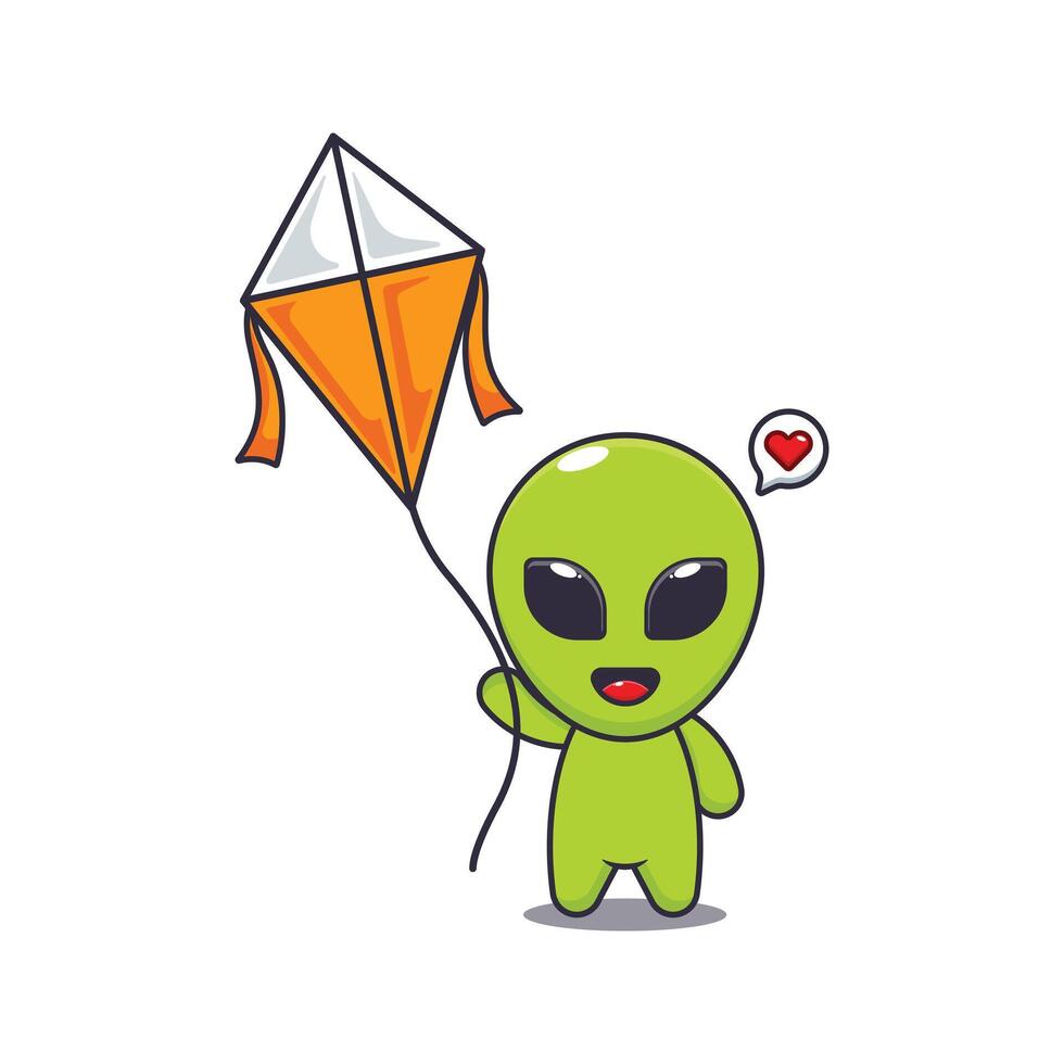 alien playing kite. mascot cartoon character illustration. vector