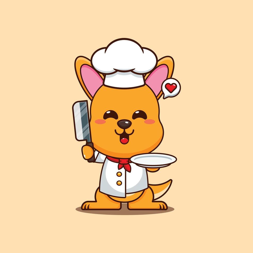 chef kangaroo mascot cartoon character with knife and plate. vector