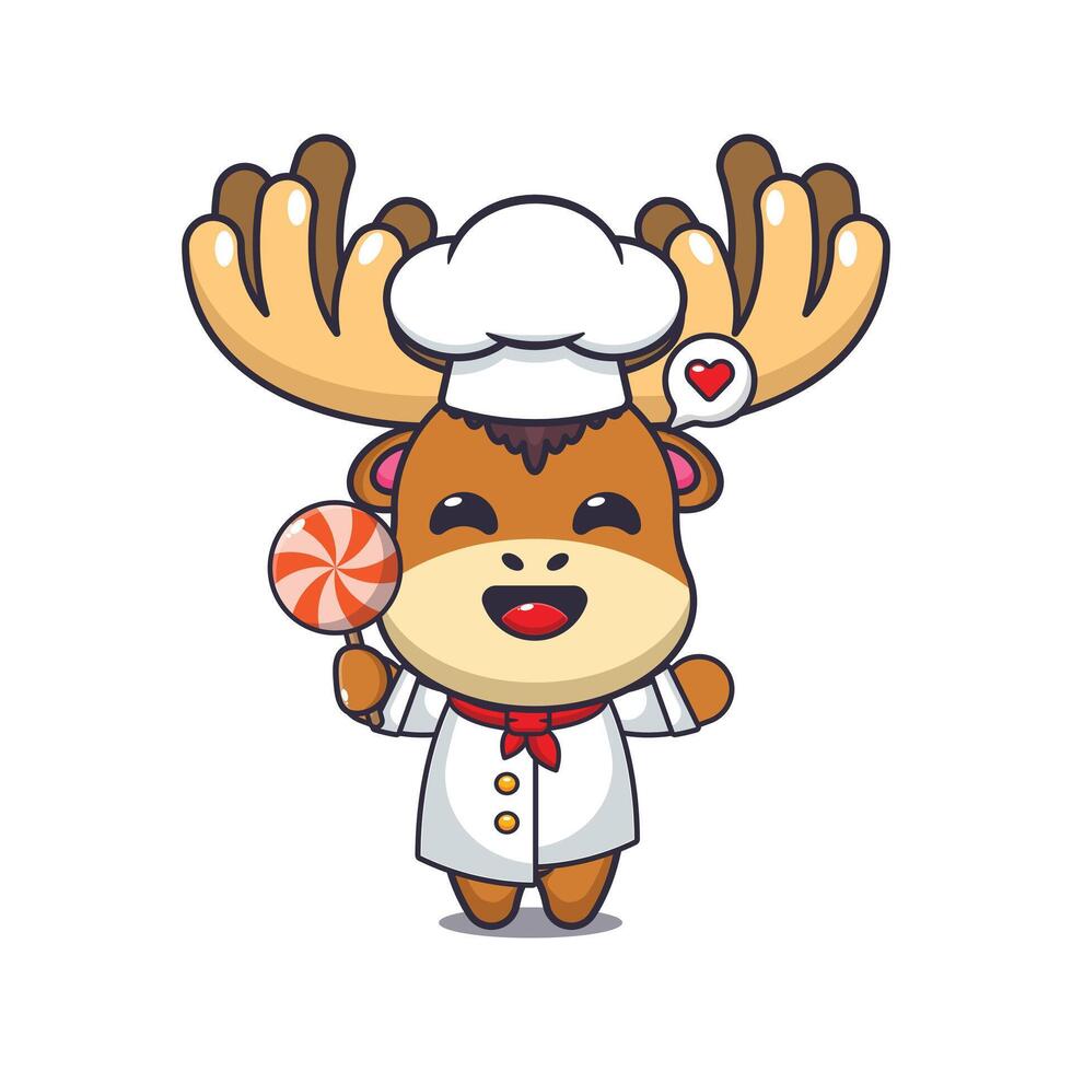 chef moose mascot cartoon character holding candy. vector