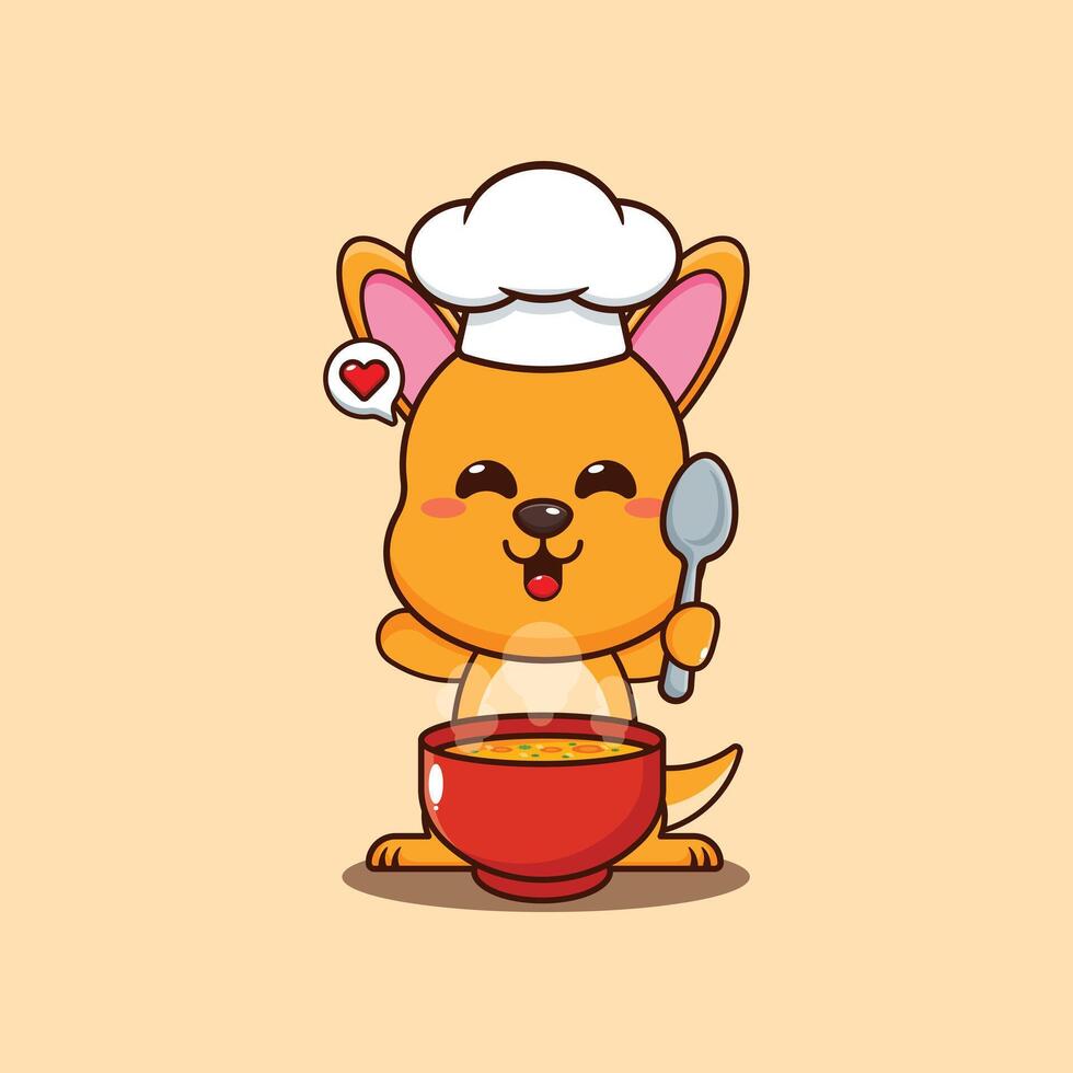 chef kangaroo mascot cartoon character with soup. vector