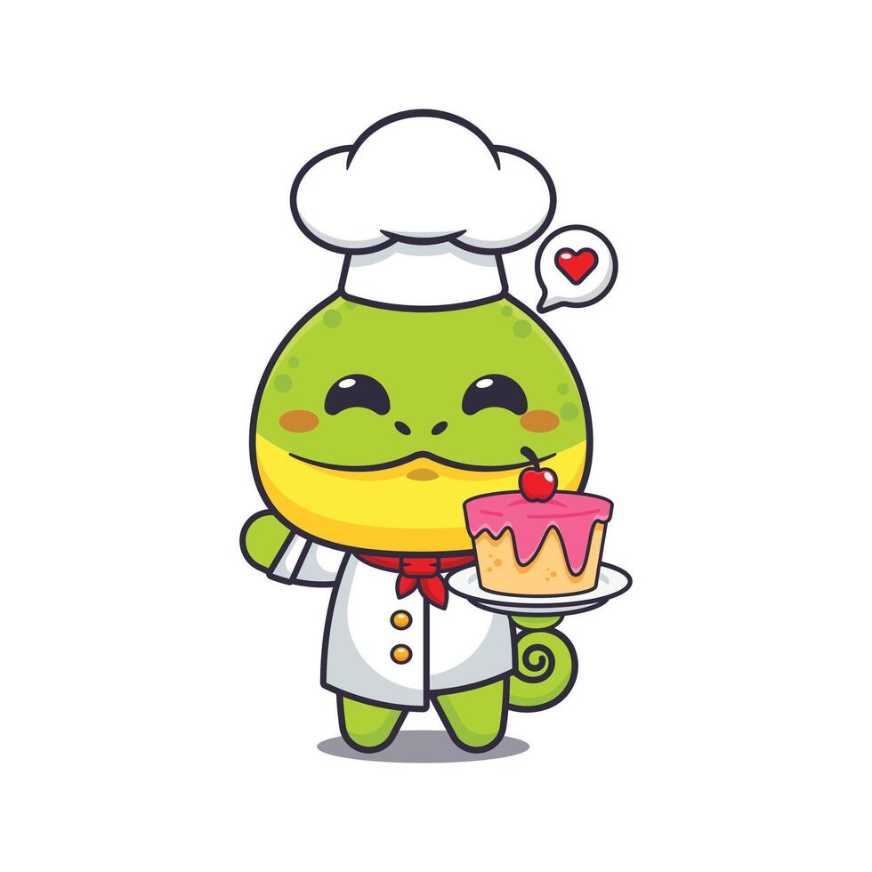 chef chameleon mascot cartoon character with cake. vector
