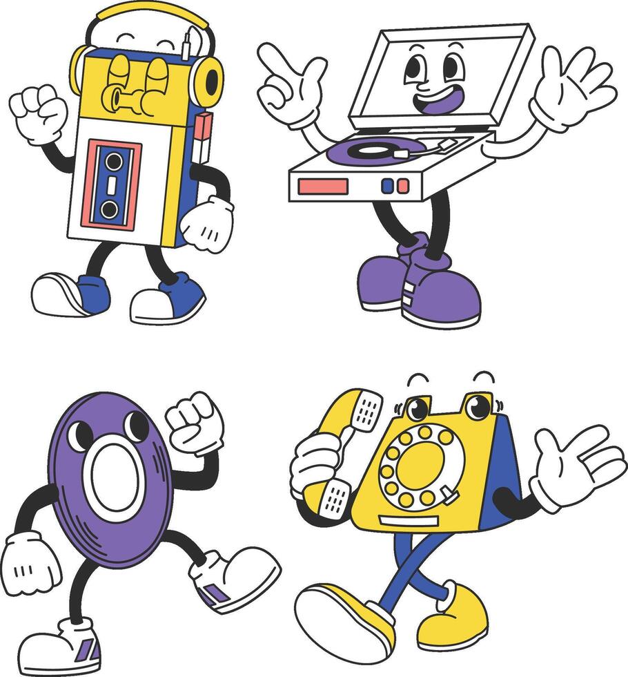 Retro-style mascots inspired by nostalgic technology items vector