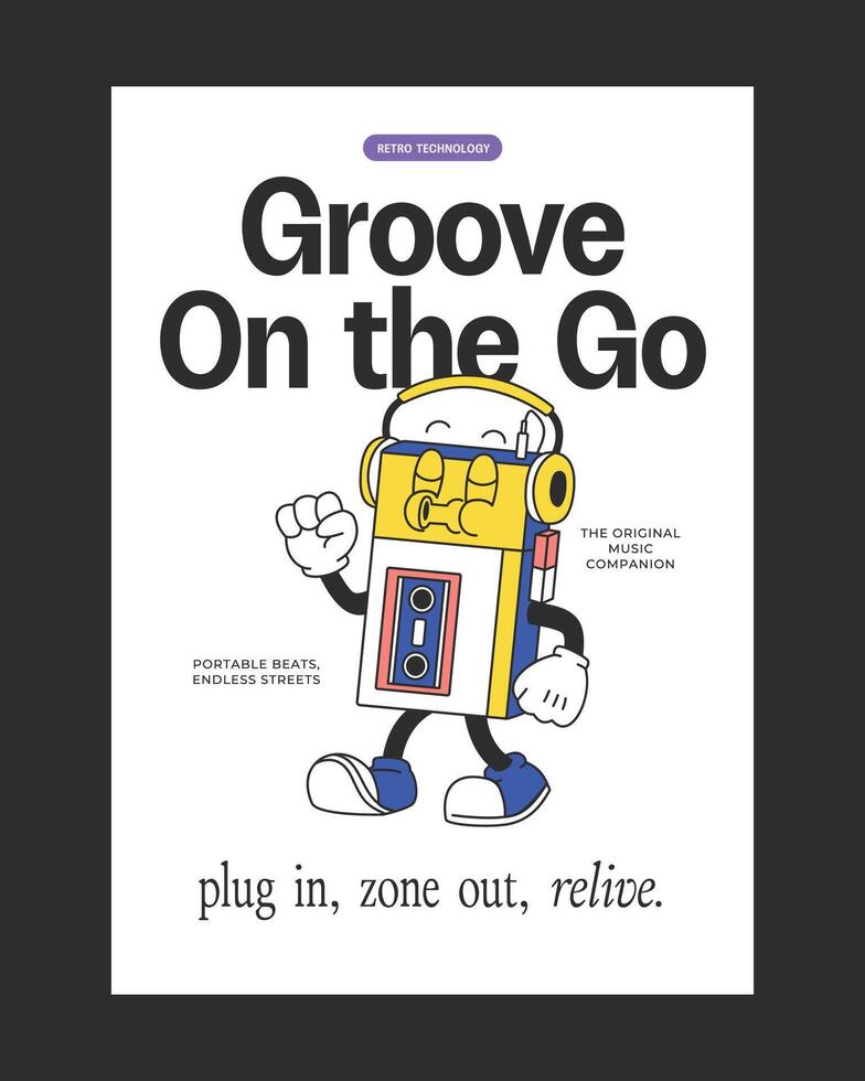 Retro-style poster featuring a portable cassette player mascot with vibrant details, ideal for music-themed decor, nostalgic branding, and creative merchandise. vector