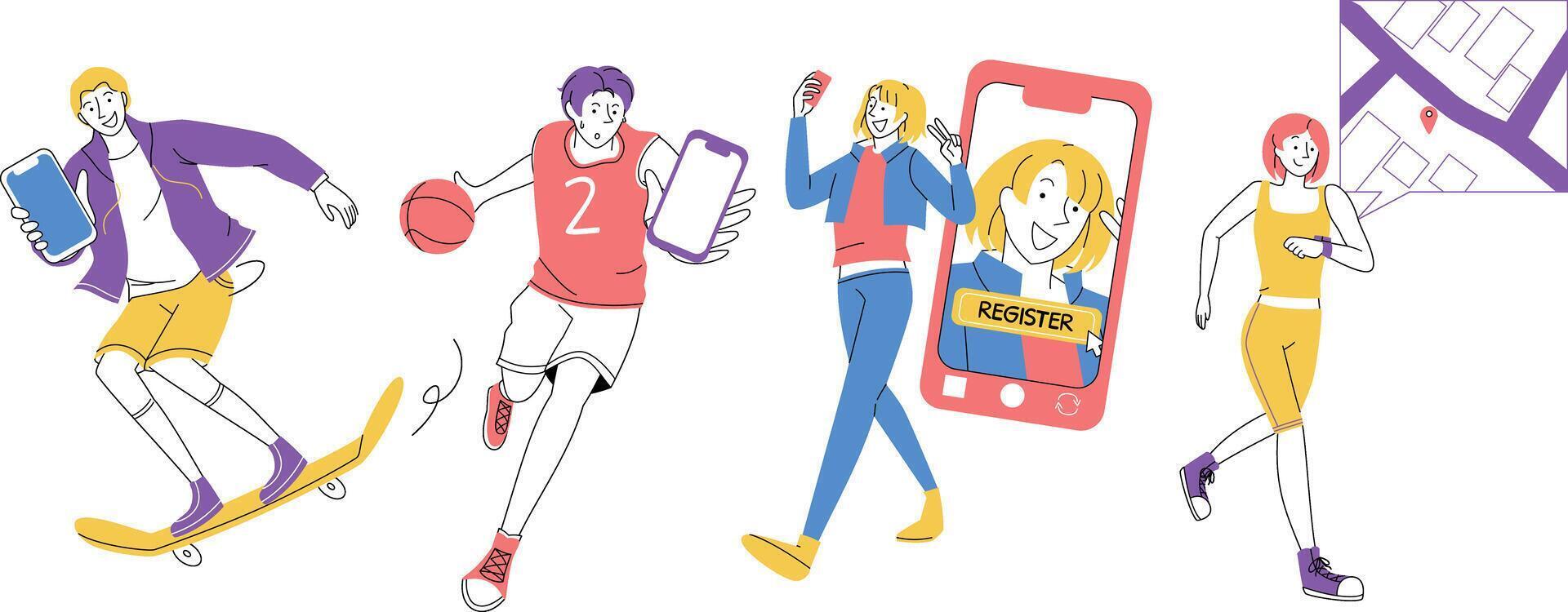 A vibrant collection of illustrations showcasing youth engaging with technology vector