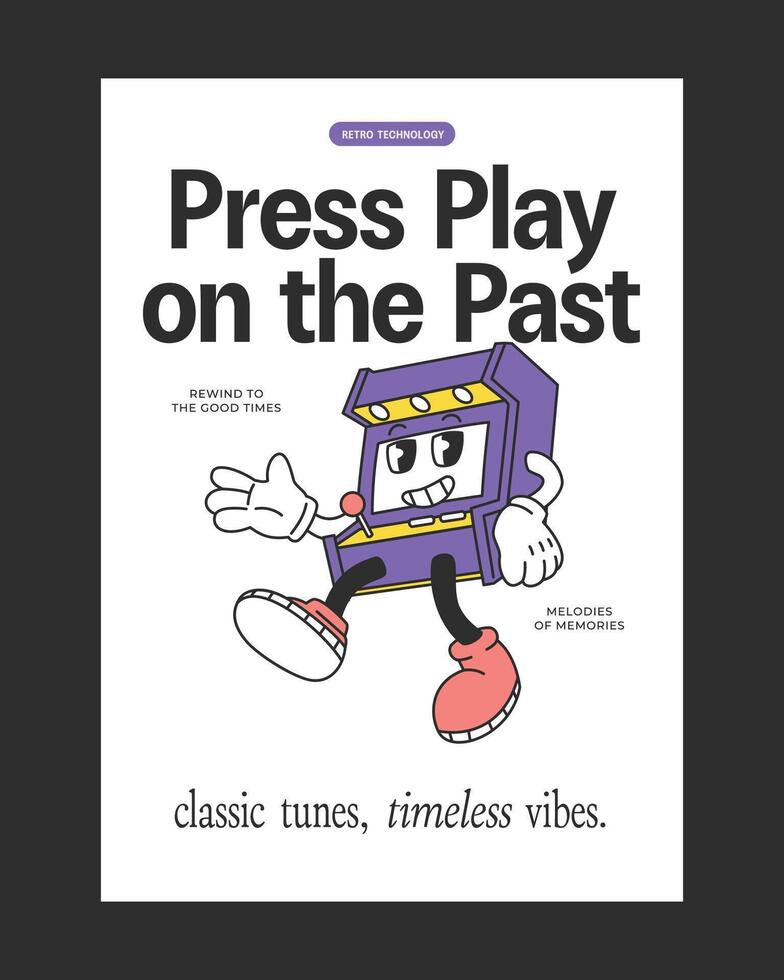 Retro-style poster featuring a vintage arcade machine mascot with playful and nostalgic details, ideal for gaming-themed designs, vintage decor, and merchandise. vector