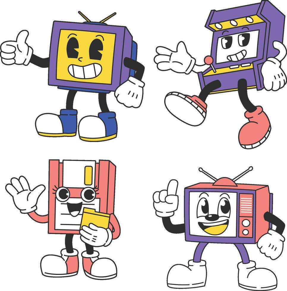 Retro-style mascots inspired by nostalgic technology items, including CRT TVs vector