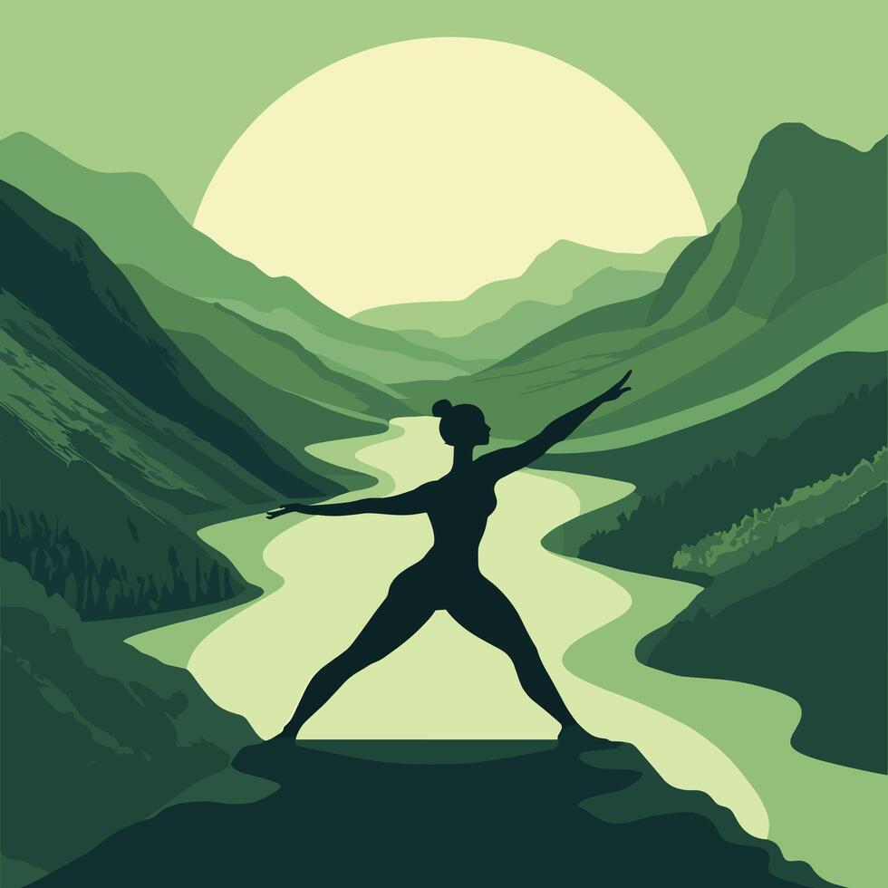 Silhouette of Yoga Pose in Nature with Mountains and Sunrise vector