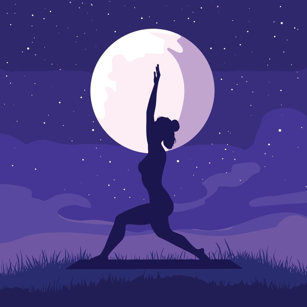 Yoga Practice Under Moonlight in Silhouette with Starry Sky vector