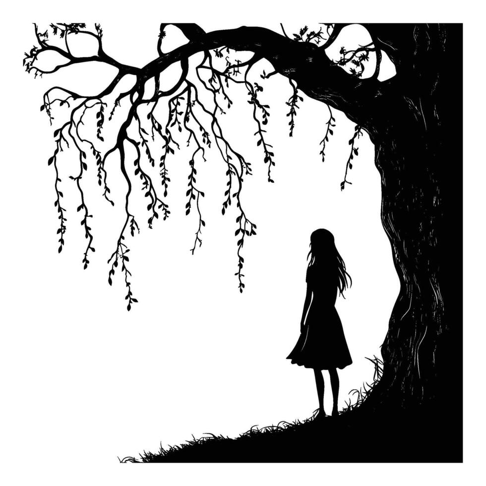 Silhouette of Woman Standing Alone Under a Large Tree vector