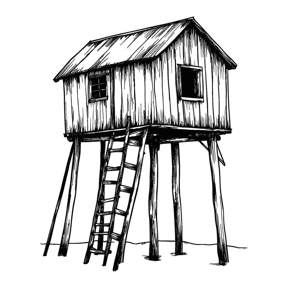 Raised Wooden House on Stilts Line Art vector