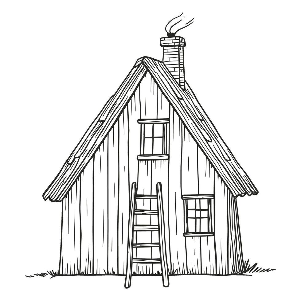 Rustic Wooden Cabin with Ladder Line Art vector