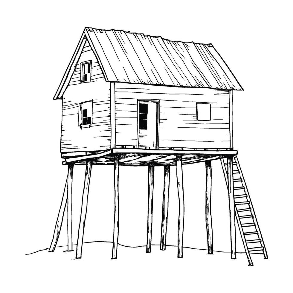 Raised Hut on Wooden Stilts Line Art vector