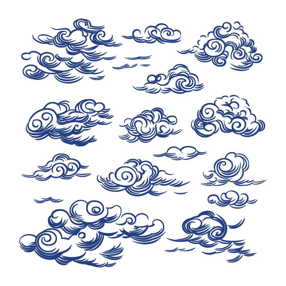 Blue and White Decorative Cloud Elements in Oriental Style vector