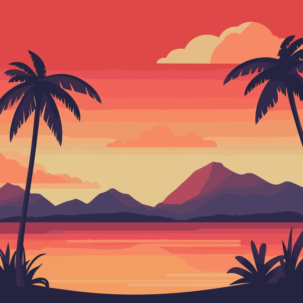 Tropical Sunset with Palm Trees and Mountains vector